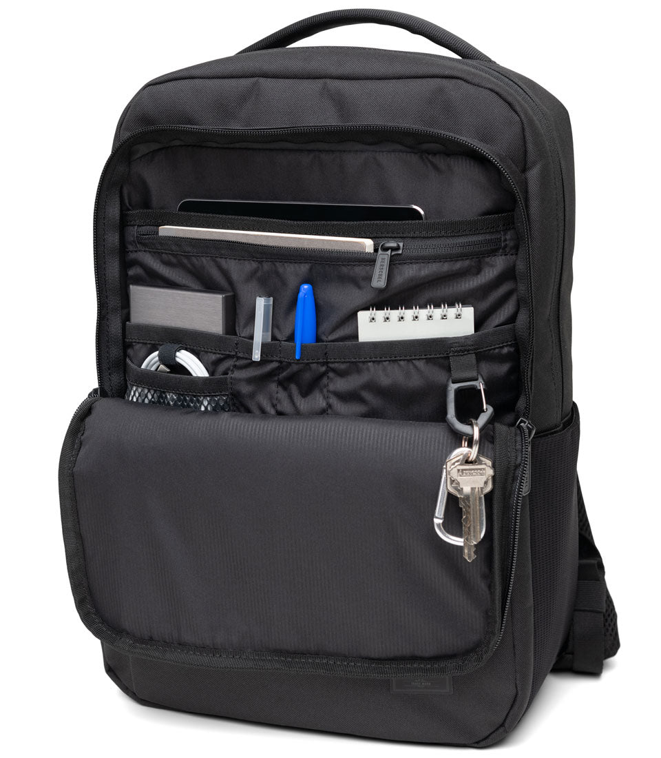 Herschel Supply Co. Kaslo Tech spec sheet showing measurements for Daypack 20L, Backpack 30L, Travel Backpack 32L, Camera Bag 30L, and Tote 23L.