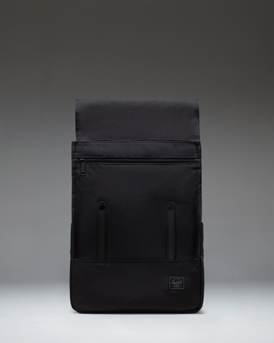 Herschel Survey Backpack in Black Tonal, showing a detailed view of the clean, modern design and dual strap closures.