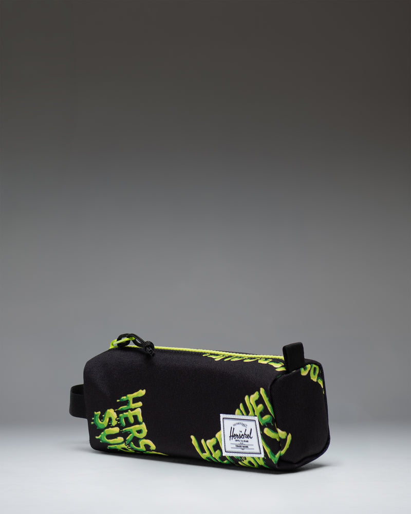 Herschel Supply Co. Settlement Pencil Case Little Herschel in HSC Slime green, showing the side view with a black zipper and classic logo label.