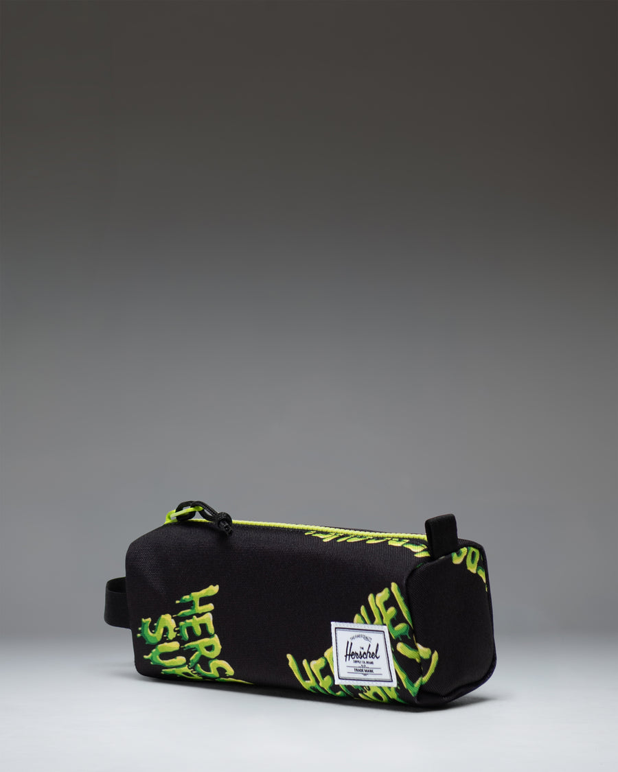 Herschel Supply Co. Settlement Pencil Case Little Herschel in HSC Slime green, showing the side view with a black zipper and classic logo label.