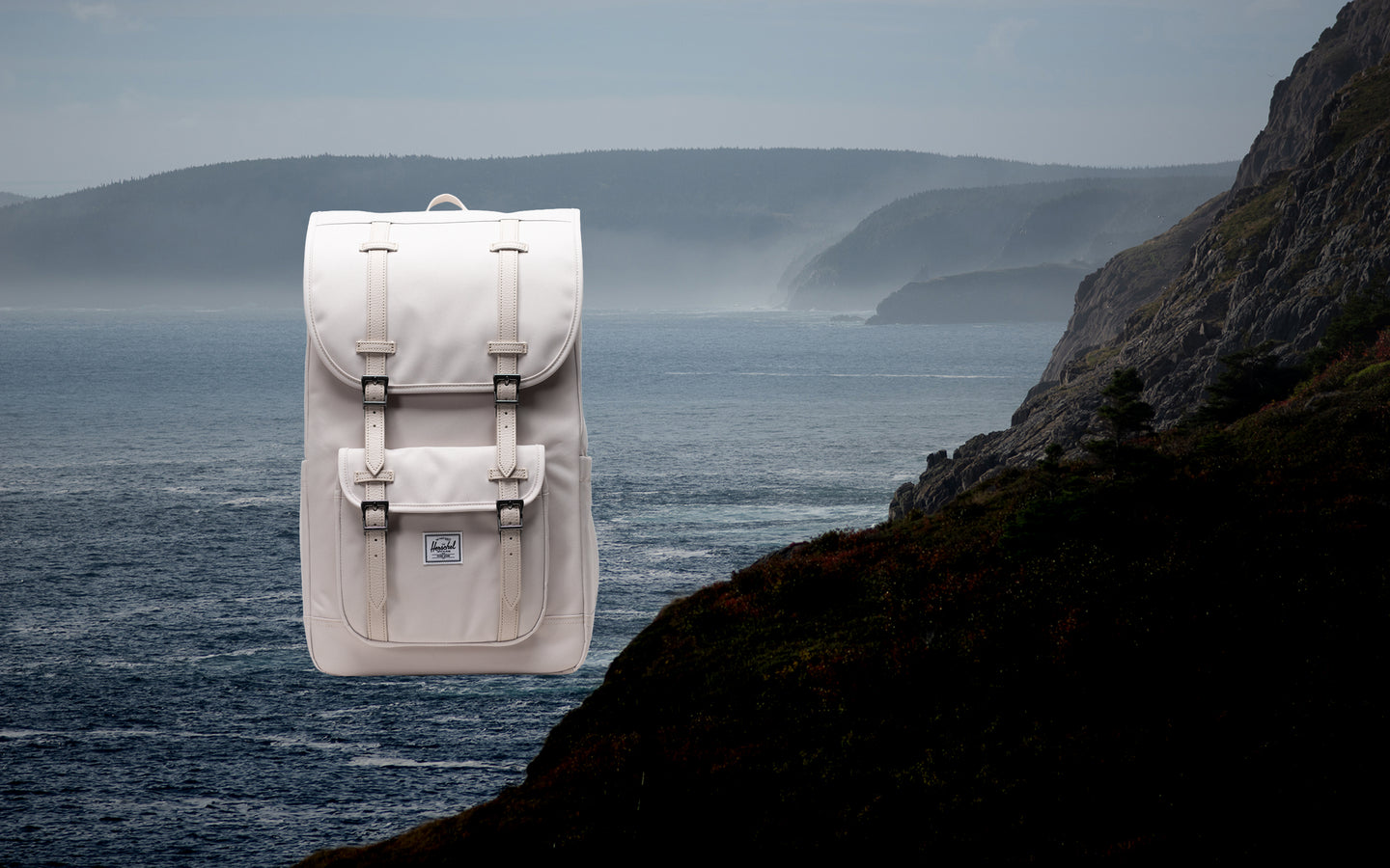 Herschel Little America Backpack in Moonbeam colorway, shown from the front on a desktop-optimized banner.