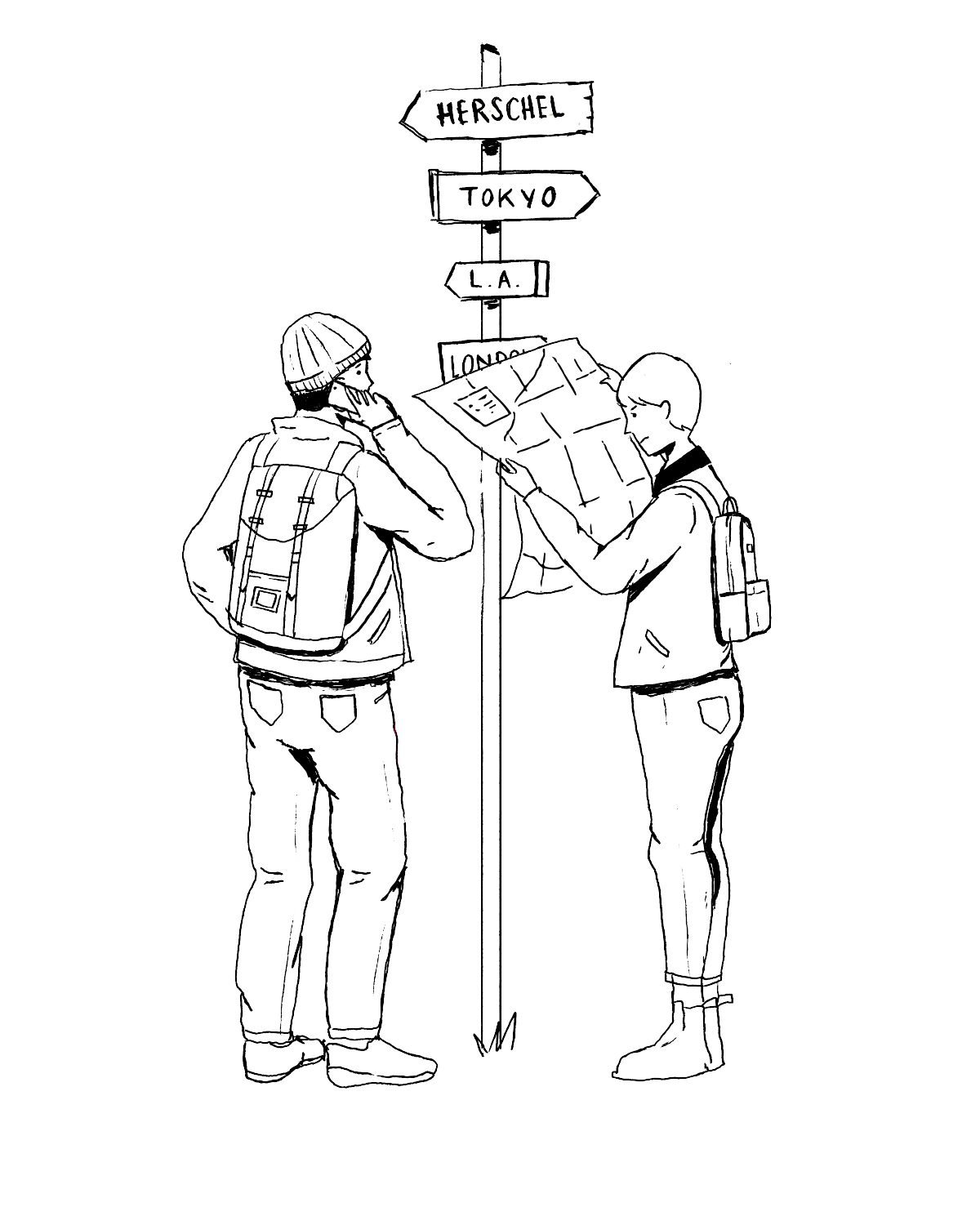a graphic of two confused looking people, one on the phone and another holding a map, infront of a sign post that points towards a number of different global cities