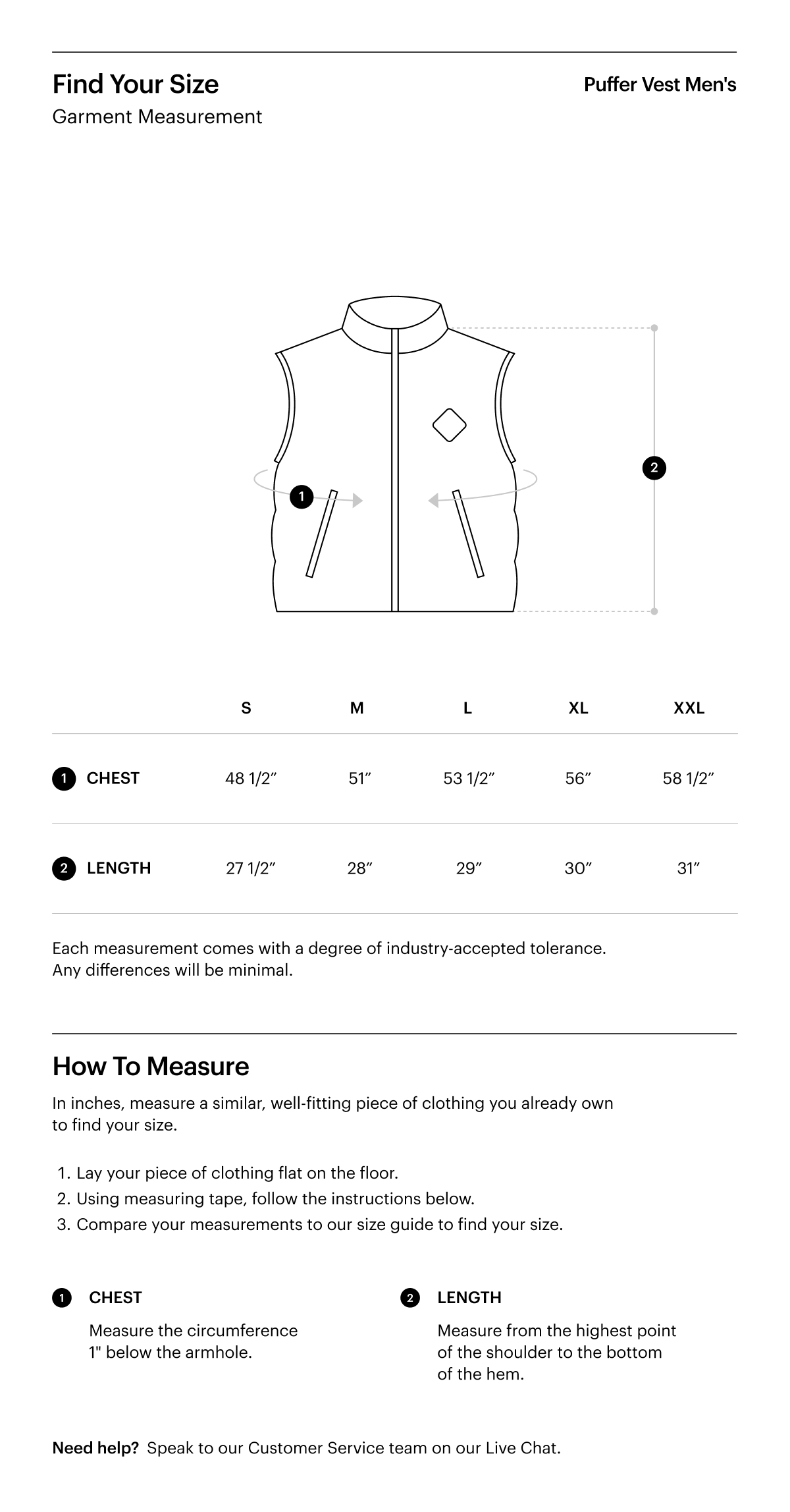 A size guide for the Puffer Vest Men's