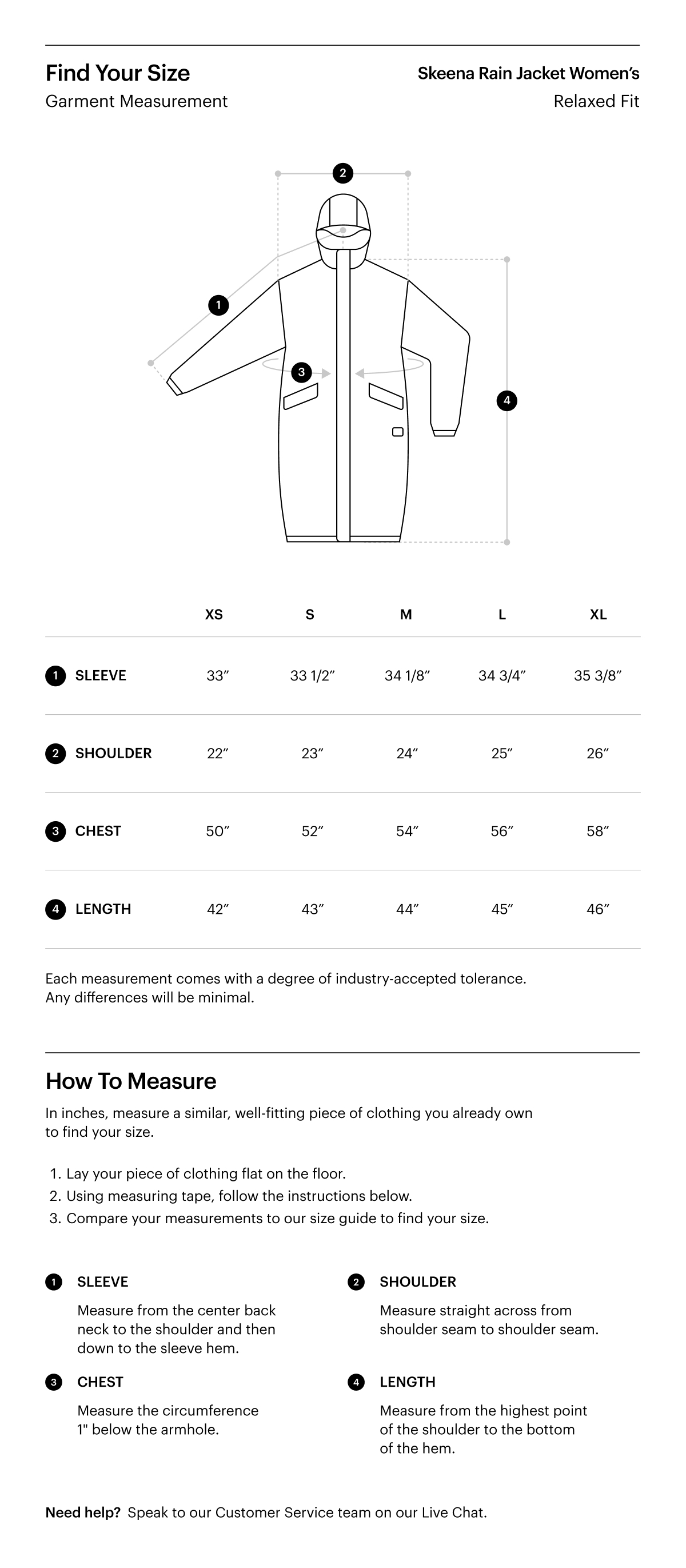 A size guide for the Skeena Rain Jacket Women's